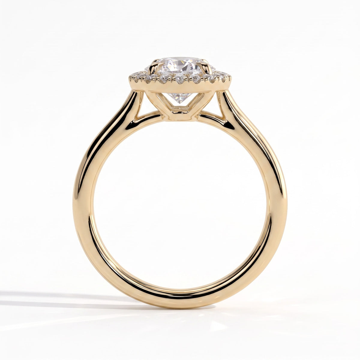 Pear lab-grown diamond halo engagement ring in 14K (585) yellow gold, side profile 