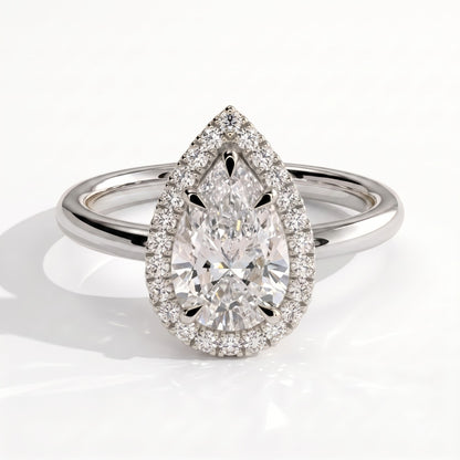 Pear lab-grown diamond halo engagement ring in 14K (585) white gold, front view 
