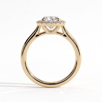 Pear lab-grown diamond halo engagement ring in 18K (750) yellow gold, side profile 