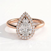 Pear lab-grown diamond halo engagement ring in 18K (750) rose gold, front view 