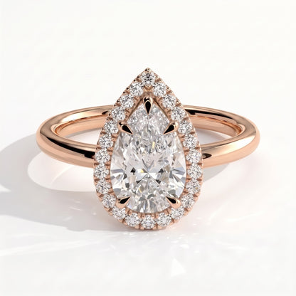 Pear lab-grown diamond halo engagement ring in 18K (750) rose gold, front view 