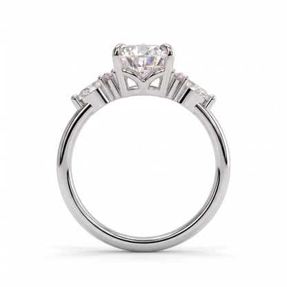 Pear lab-grown diamond halo engagement ring in 18K (750) white gold, side profile 