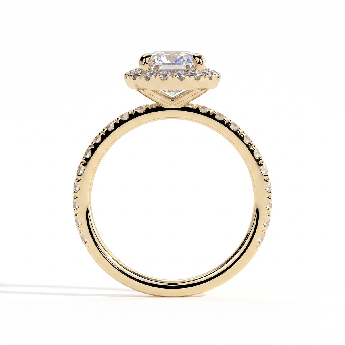 Pear lab-grown diamond halo engagement ring in 14K (585) yellow gold, side profile 