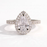 Pear lab-grown diamond halo engagement ring in 14K (585) white gold, front view 