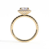 Pear lab-grown diamond halo engagement ring in 18K (750) yellow gold, side profile 