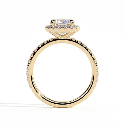 Pear lab-grown diamond halo engagement ring in 18K (750) yellow gold, side profile 