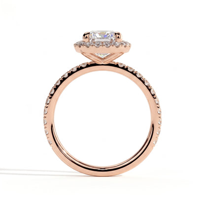 Pear lab-grown diamond halo engagement ring in 18K (750) rose gold, side profile 