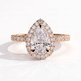 Pear lab-grown diamond halo engagement ring in 18K (750) rose gold, front view 
