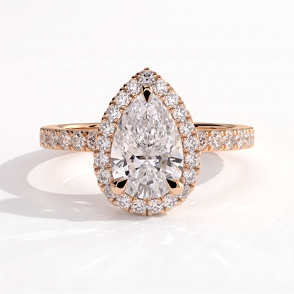 Pear lab-grown diamond halo engagement ring in 18K (750) rose gold, front view 