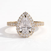 Pear lab-grown diamond halo engagement ring in 18K (750) yellow gold, front view 