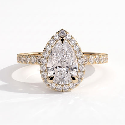 Pear lab-grown diamond halo engagement ring in 18K (750) yellow gold, front view 