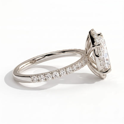 Pear lab-grown diamond halo engagement ring in 950 platinum, detail view 