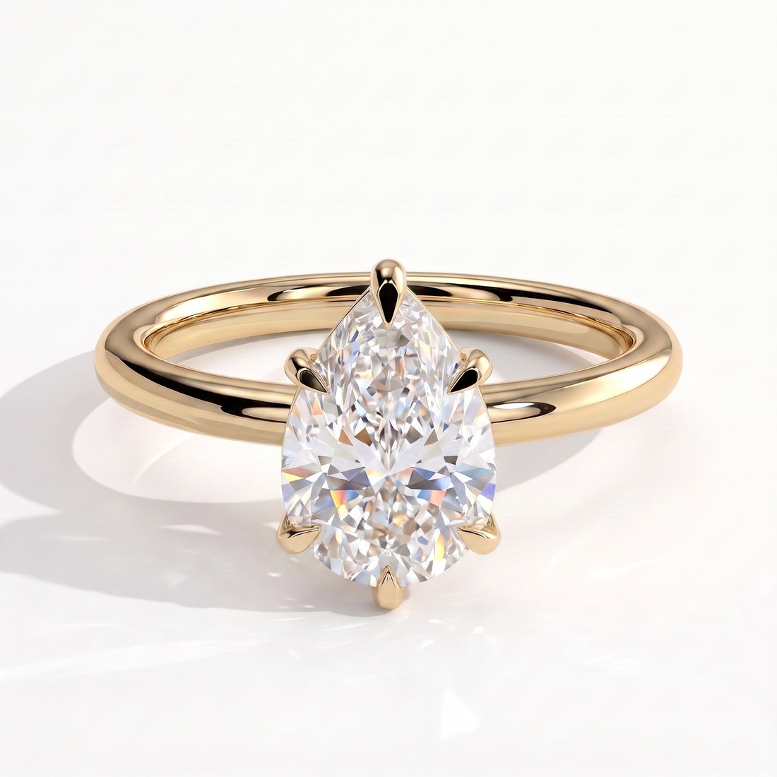 Pear lab-grown diamond solitaire engagement ring in 14K (585) yellow gold, front view 