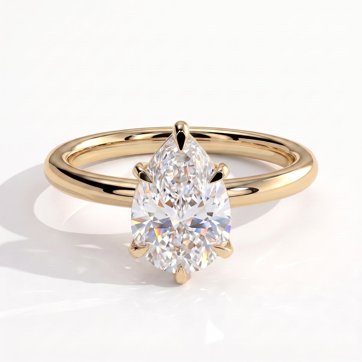 Pear lab-grown diamond solitaire engagement ring in 18K (750) yellow gold, front view 