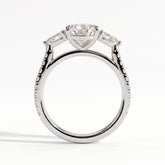 Pear lab-grown diamond three-stone engagement ring in 18K (750) white gold, side profile 