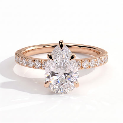 Pear lab-grown diamond halo engagement ring in 14K (585) rose gold, front view 
