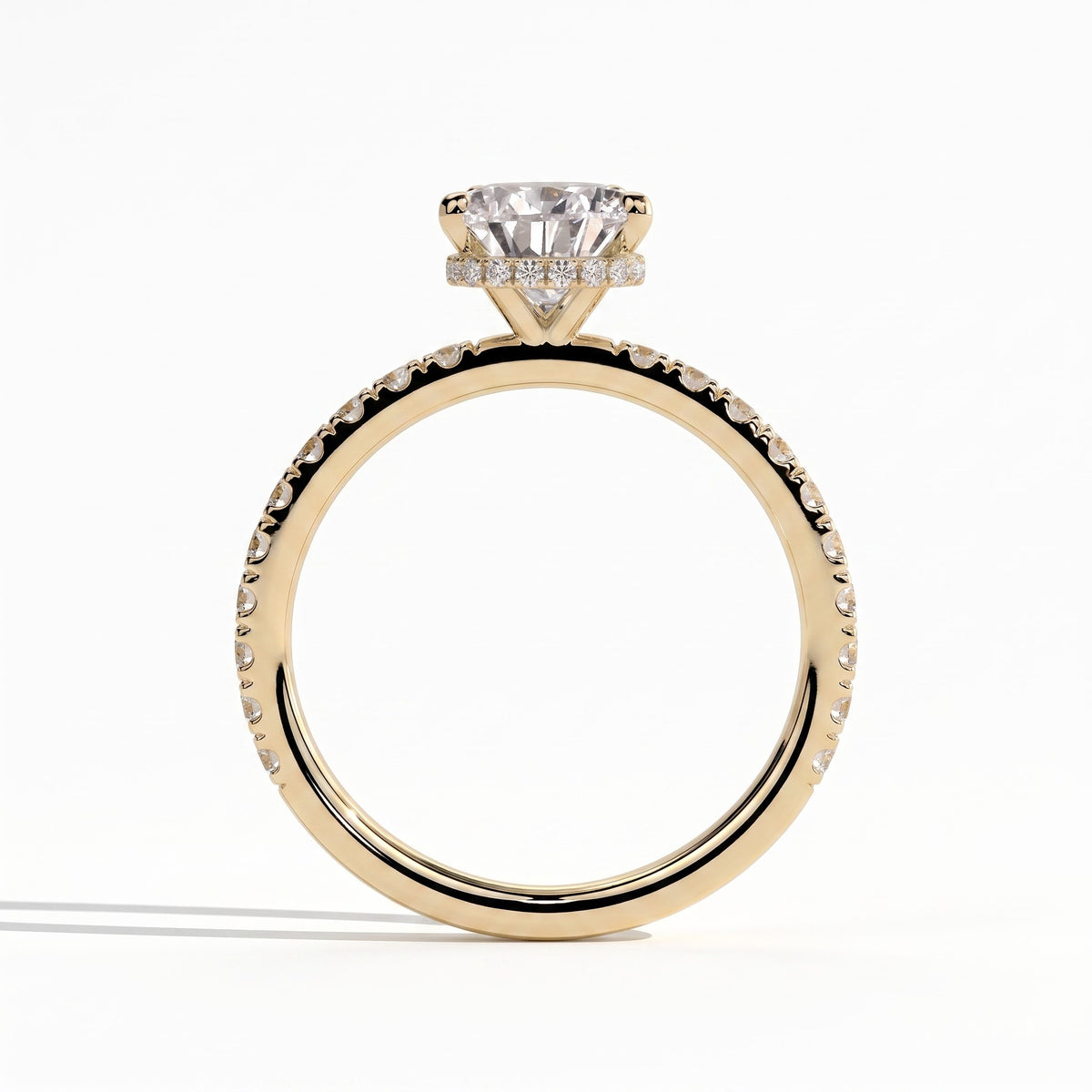 Pear lab-grown diamond halo engagement ring in 18K (750) yellow gold, side profile 