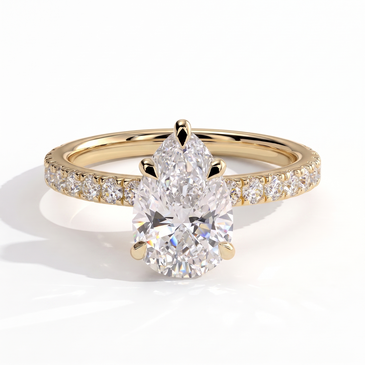Pear lab-grown diamond halo engagement ring in 18K (750) yellow gold, front view 