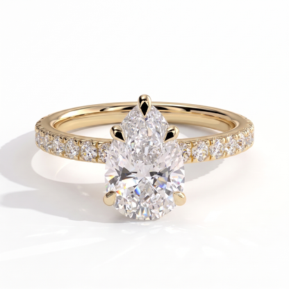 Pear lab-grown diamond halo engagement ring in 18K (750) yellow gold, front view 