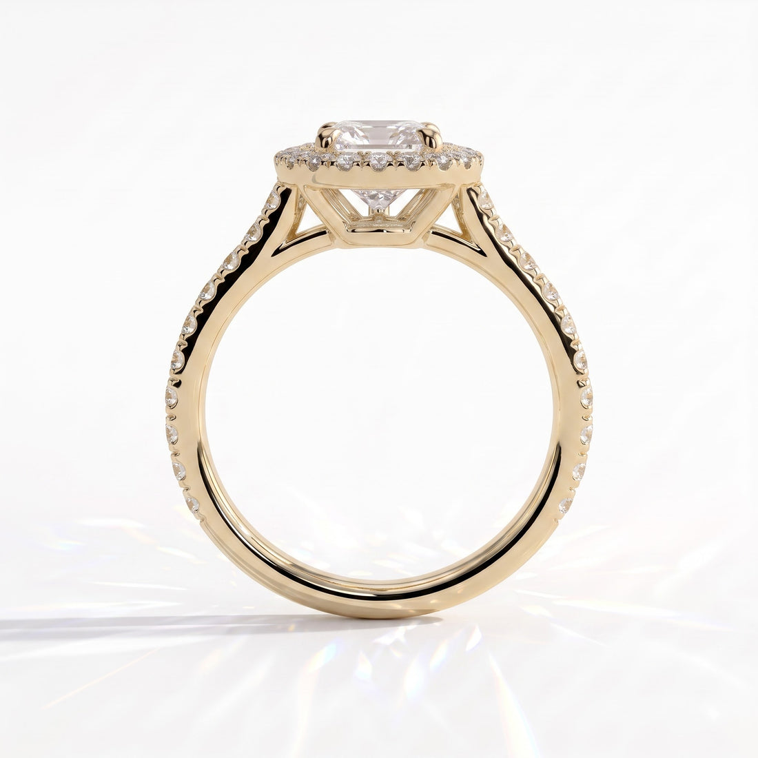 Pear lab-grown diamond halo engagement ring in 14K (585) yellow gold, side profile 