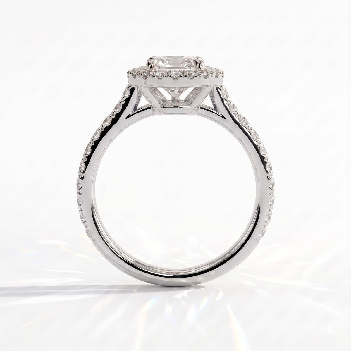 Pear lab-grown diamond halo engagement ring in 14K (585) white gold, side profile 