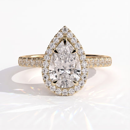 Pear lab-grown diamond halo engagement ring in 14K (585) yellow gold, front view 