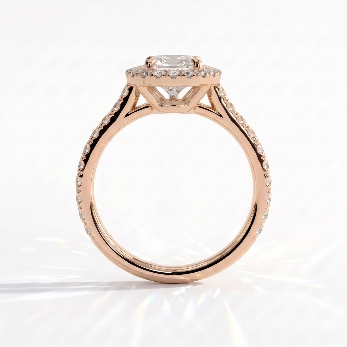 Pear lab-grown diamond halo engagement ring in 14K (585) rose gold, side profile 