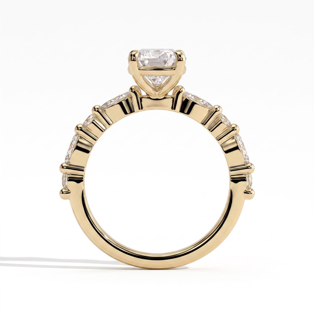 Pear lab-grown diamond halo engagement ring in 14K (585) yellow gold, side profile 