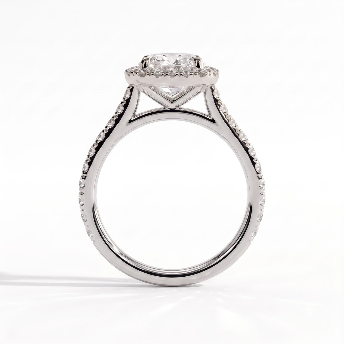 Cushion lab-grown diamond halo engagement ring in 14K (585) white gold, side profile 