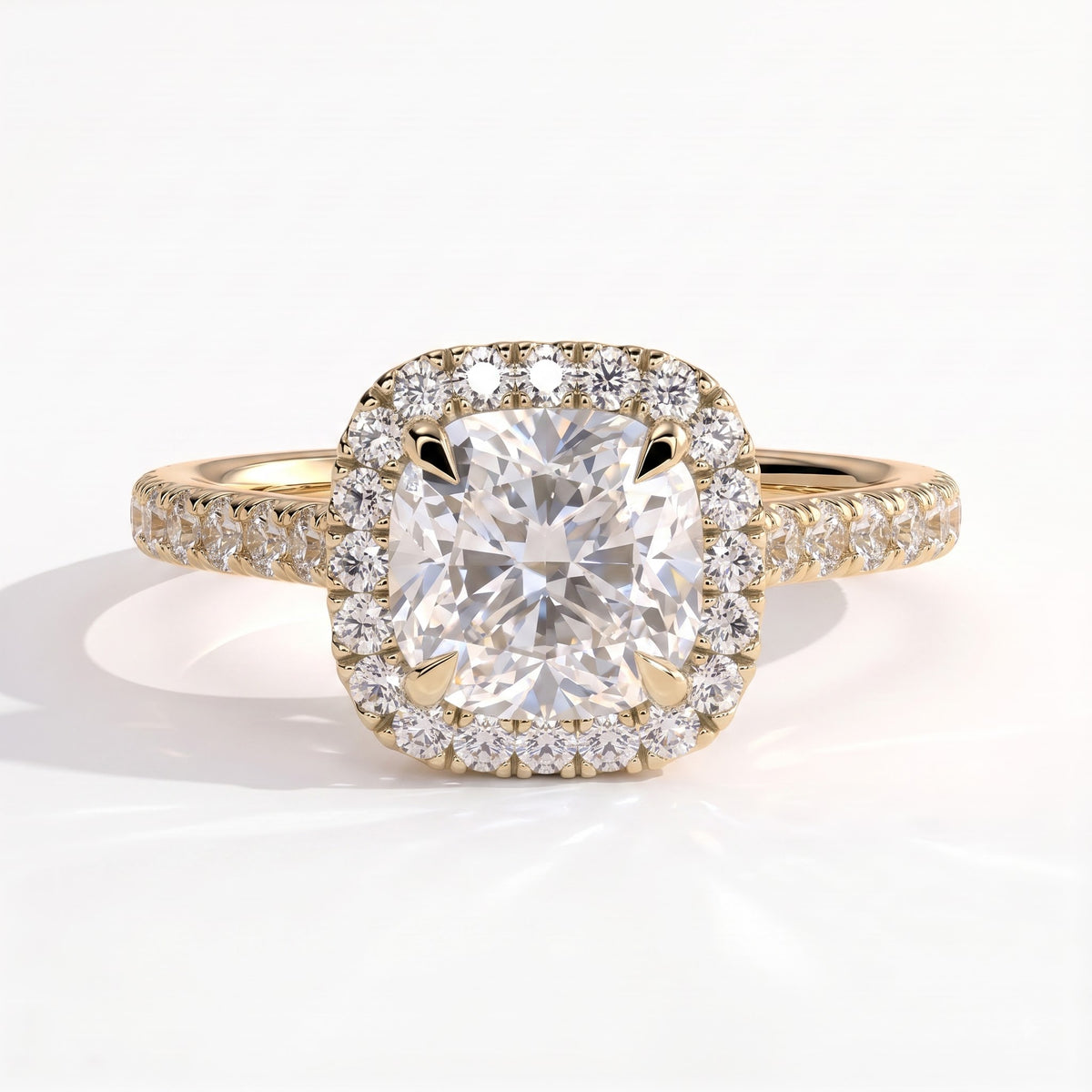 Cushion lab-grown diamond halo engagement ring in 14K (585) yellow gold, front view 