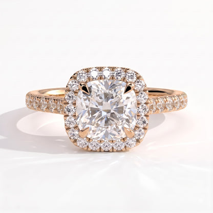 Cushion lab-grown diamond halo engagement ring in 14K (585) rose gold, front view 