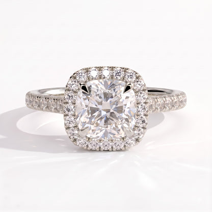 Cushion lab-grown diamond halo engagement ring in 14K (585) white gold, front view 