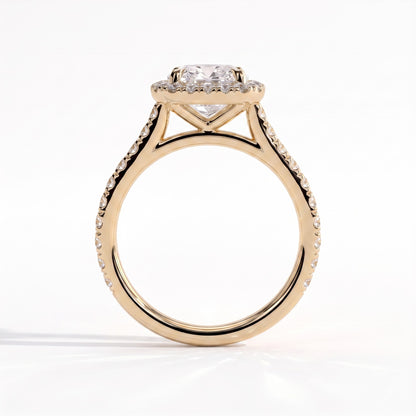 Cushion lab-grown diamond halo engagement ring in 14K (585) yellow gold, side profile 
