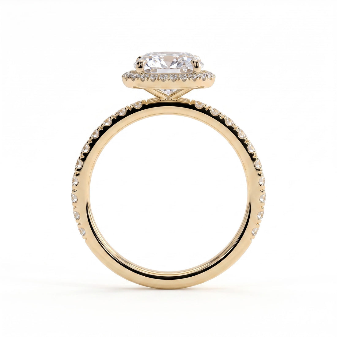 Cushion lab-grown diamond halo engagement ring in 14K (585) yellow gold, side profile 