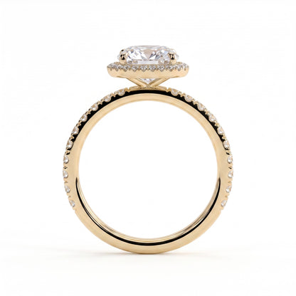 Cushion lab-grown diamond halo engagement ring in 14K (585) yellow gold, side profile 