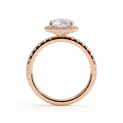 Cushion lab-grown diamond halo engagement ring in 14K (585) rose gold, side profile 
