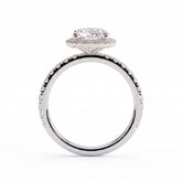Cushion lab-grown diamond halo engagement ring in 14K (585) white gold, side profile 