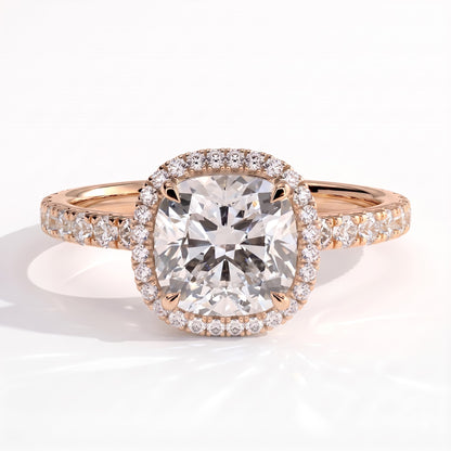 Cushion lab-grown diamond halo engagement ring in 14K (585) rose gold, front view 
