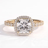 Cushion lab-grown diamond halo engagement ring in 14K (585) yellow gold, front view 
