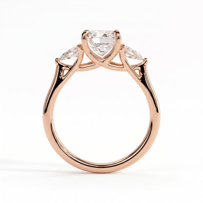 Cushion lab-grown diamond three-stone engagement ring in 14K (585) rose gold, side profile 