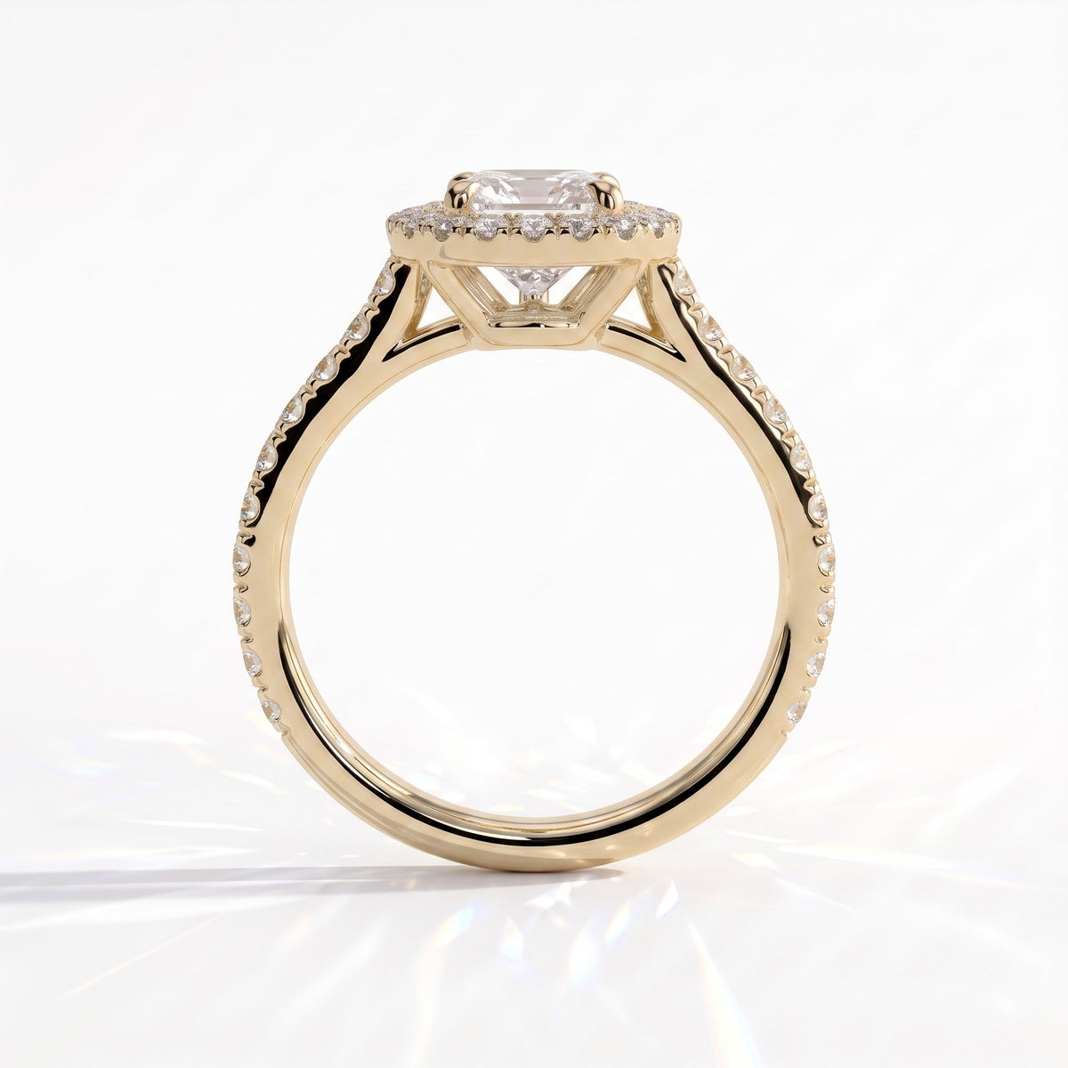 Pear lab-grown diamond halo engagement ring in 18K (750) yellow gold, side profile 