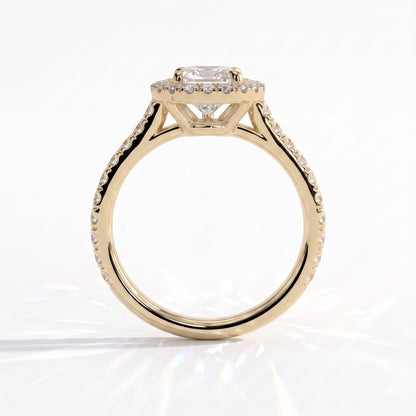 Pear lab-grown diamond halo engagement ring in 18K (750) yellow gold, side profile 