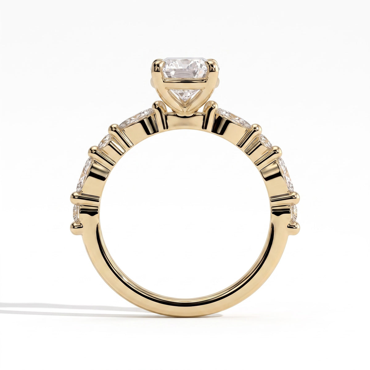 Pear lab-grown diamond halo engagement ring in 18K (750) yellow gold, side profile 