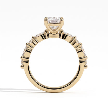 Pear lab-grown diamond halo engagement ring in 18K (750) yellow gold, side profile 