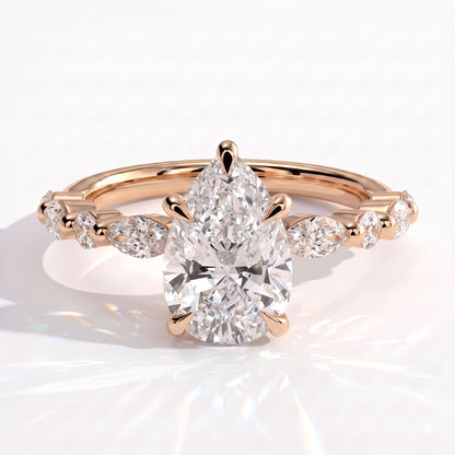 Pear lab-grown diamond halo engagement ring in 18K (750) rose gold, front view 