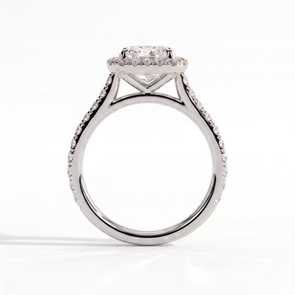 Cushion lab-grown diamond halo engagement ring in 18K (750) white gold, side profile 