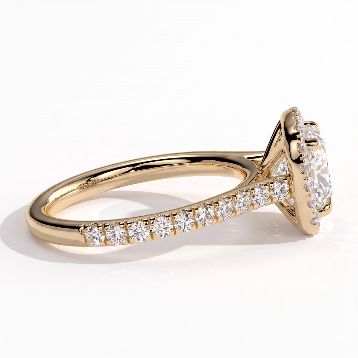 Cushion lab-grown diamond halo engagement ring in 18K (750) yellow gold, detail view 