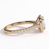 Cushion lab-grown diamond halo engagement ring in 18K (750) yellow gold, detail view 