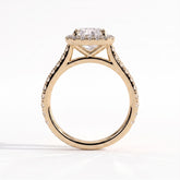 Cushion lab-grown diamond halo engagement ring in 18K (750) yellow gold, side profile 