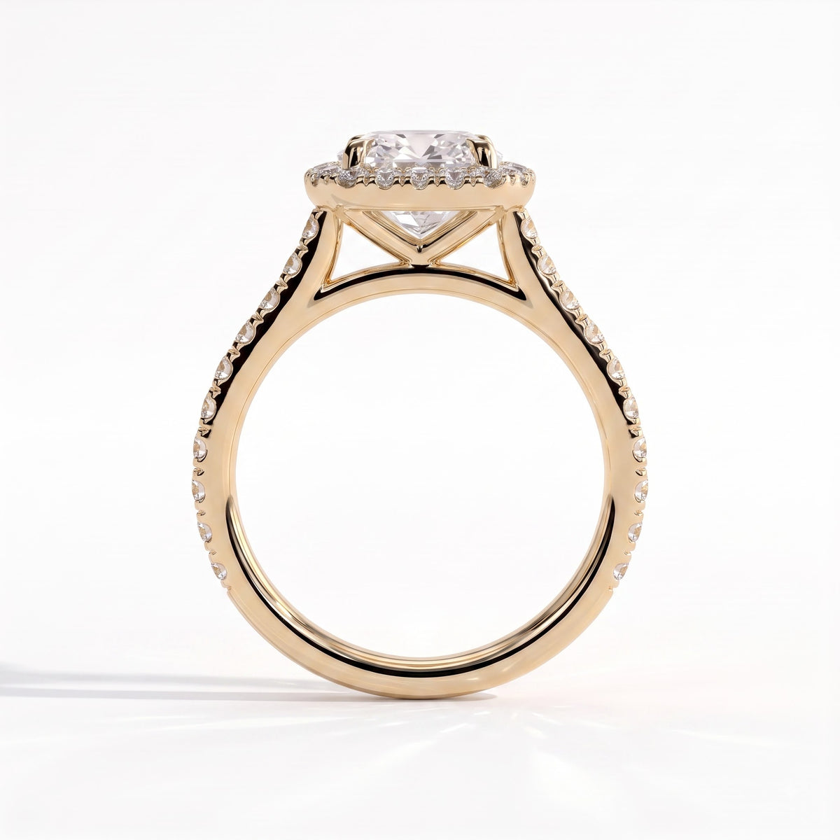 Cushion lab-grown diamond halo engagement ring in 18K (750) yellow gold, side profile 